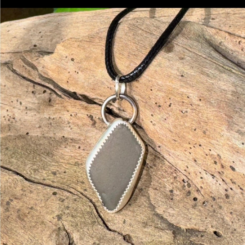 Grey Sea glass Handmade 995 silver soldered necklace beach boho - Picture 2 of 7